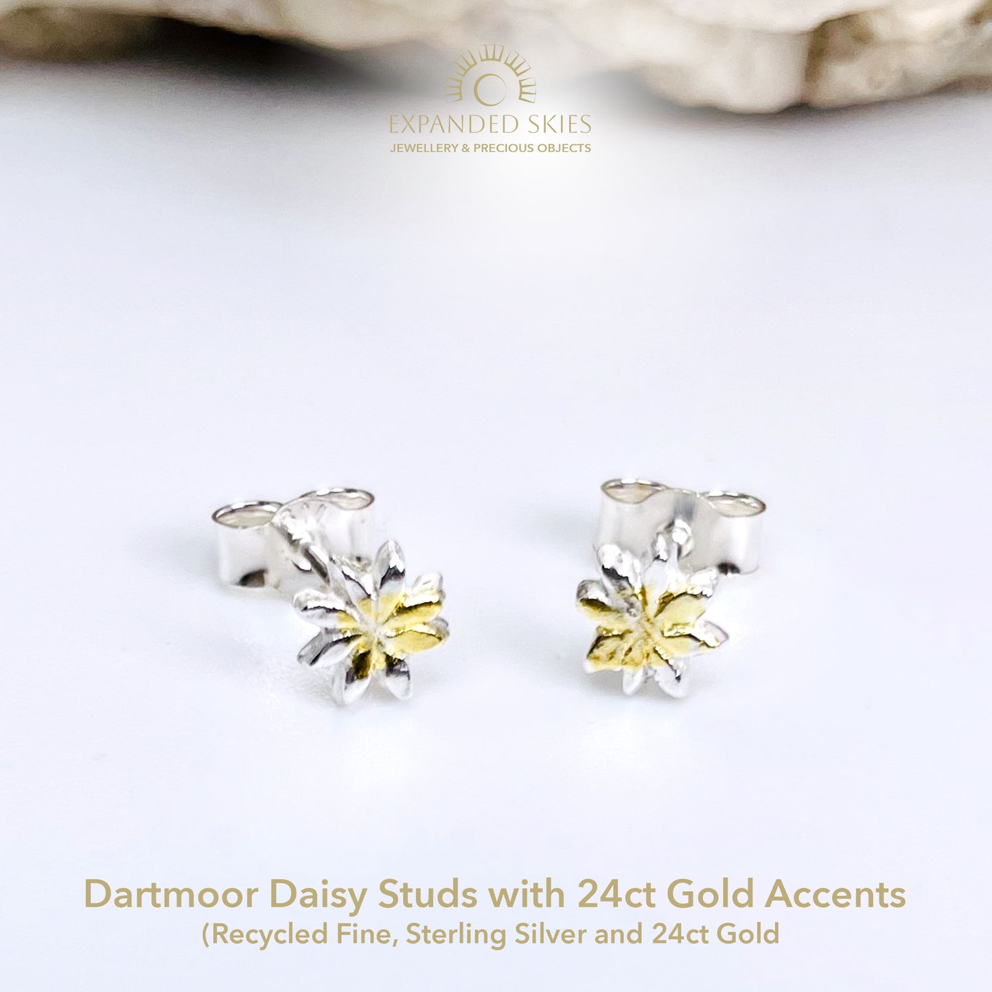 The Dartmoor Daisy Studs are inspired by the sea of daisies that speckle meadows of the lowland moor and waysides, bringing lightness and joy to the walker.