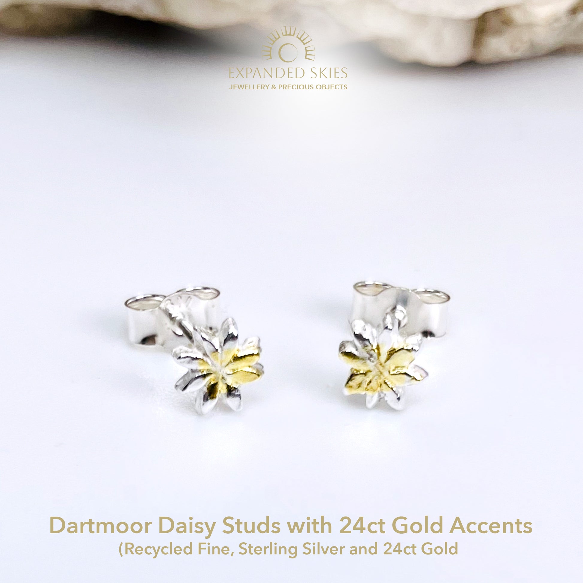 The Dartmoor Daisy Studs are inspired by the sea of daisies that speckle meadows of the lowland moor and waysides, bringing lightness and joy to the walker.