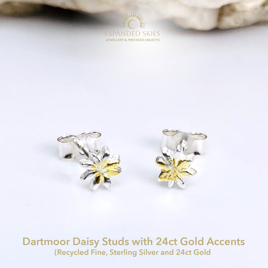 The Dartmoor Daisy Studs are inspired by the sea of daisies that speckle meadows of the lowland moor and waysides, bringing lightness and joy to the walker.