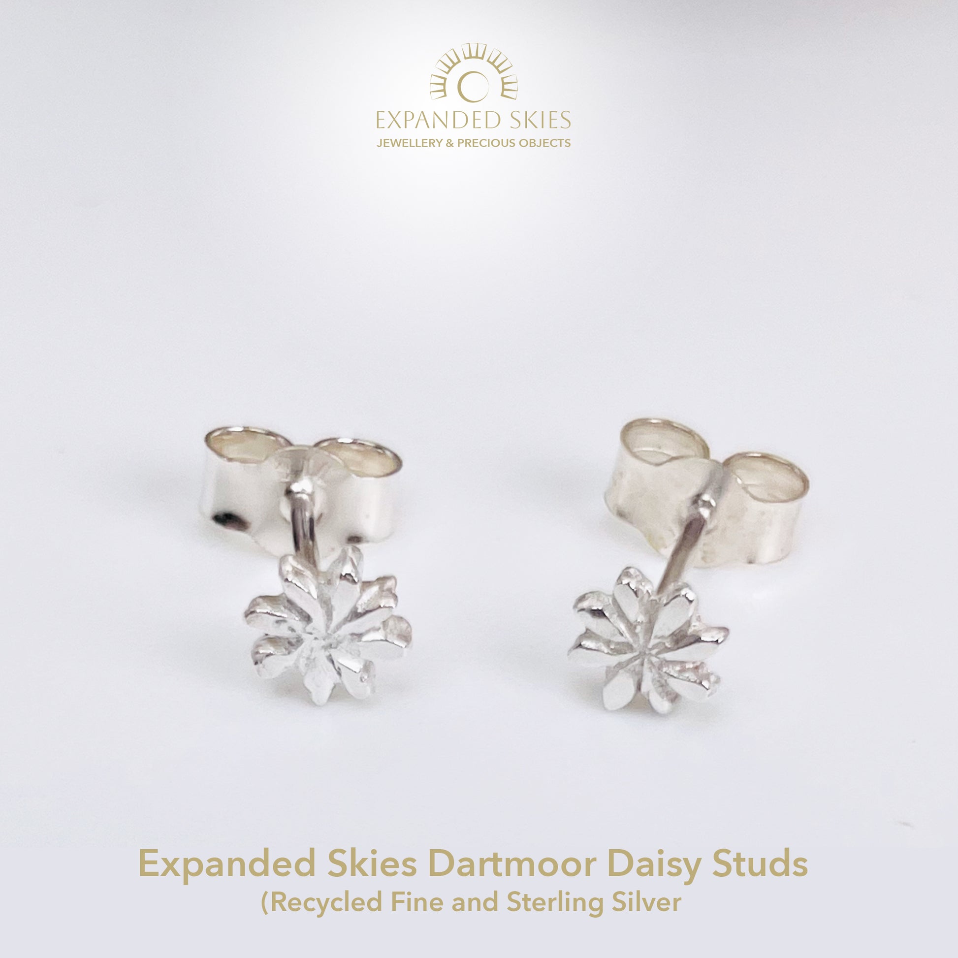The Expanded Skies Dartmoor Daisy Studs are inspired by the daisies that speckle meadows of the lowland moor and waysides, bringing lightness and joy to the walker.