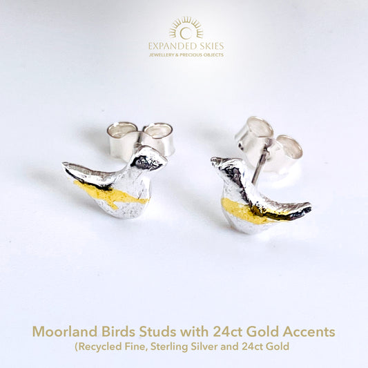 The Moorland Bird Studs are handcrafted in recycled fine silver and recycled 24ct gold accents with recycled sterling silver ear pins and scrolls, each bird is unique. Simple and elegant with a hammered finish, they can be worn everyday for any occasion.