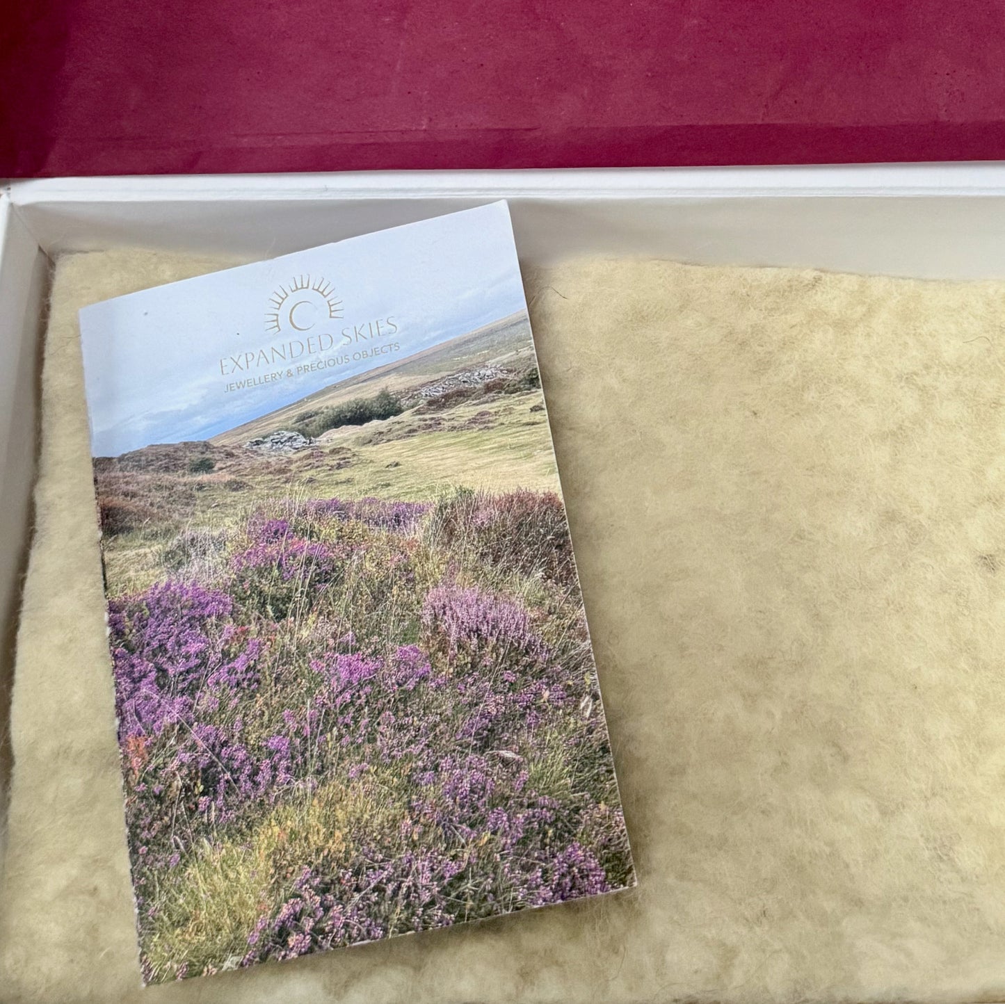 Expanded Skies jewellery packaging with felt from organically reared sheep from Fernhill Farm in Somerset, UK.