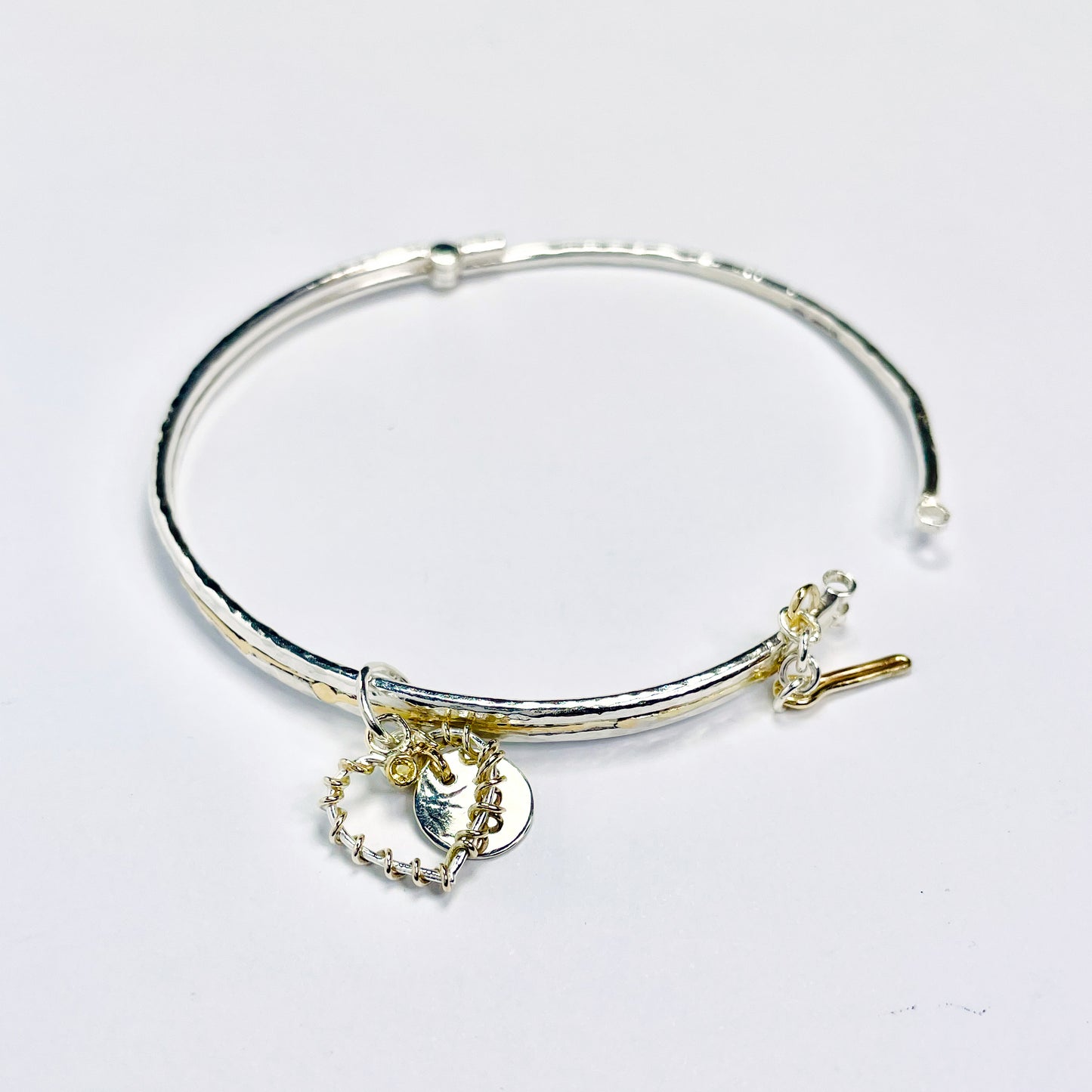 Sapphire Heart Charm Bangle in Sterling Silver & 9ct Gold