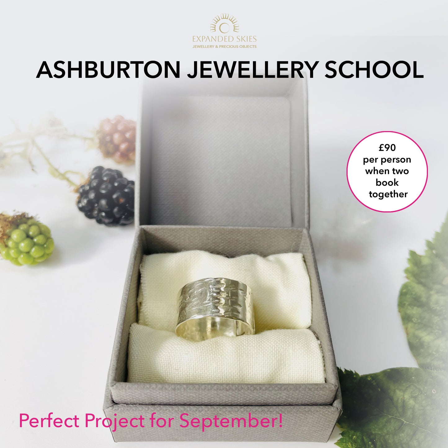Make a Wide Silver Ring workshop Ashburton Jewellery School 6 September 2025. Perfect project for Autumn. Expanded Skies