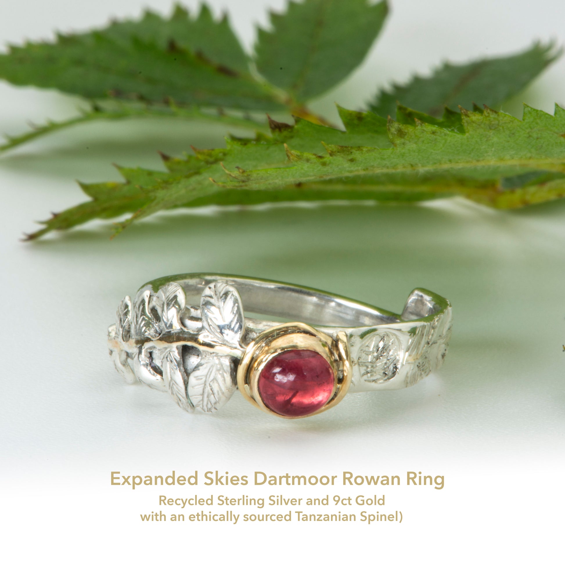 
Expanded Skies Dartmoor Rowan Leaf and Berries Spinel Ring. The Expanded Skies Dartmoor Rowan Leaf and Berries Spinel Ring is totally handcrafted on the edge of Dartmoor. The ring is created in recycled sterling silver, inlaid with 9ct gold. The ring is set with an ethically sourced Tanzanian red-pink spinel, set in 9ct gold, with a hand formed rowan leaf, inlaid with 9ct gold. The ethically sourced 4.5mm round spinel is from Moyo Gems. Moyo gems is run by female miners Tanzanian Women Miners' Association.