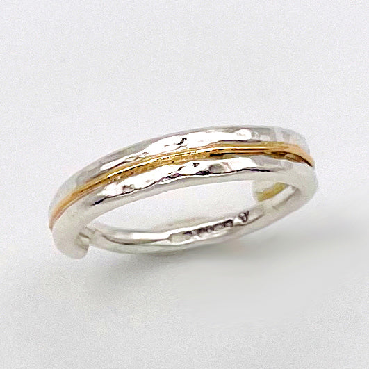 Expanded Skies Dartmoor Dart Valley Hammered Ring, inlaid with 9ct Gold, recycled silver and gold. Hallmarked by the London Assay Office