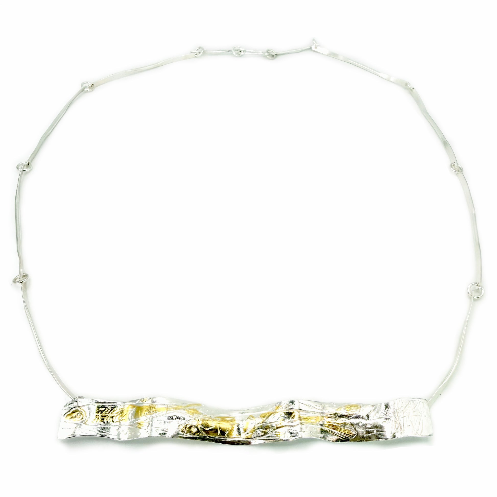 Expanded Skies Dartmoor Minnows Engraved Silver Necklace with 24ct Gold Accents and River Dart Chain