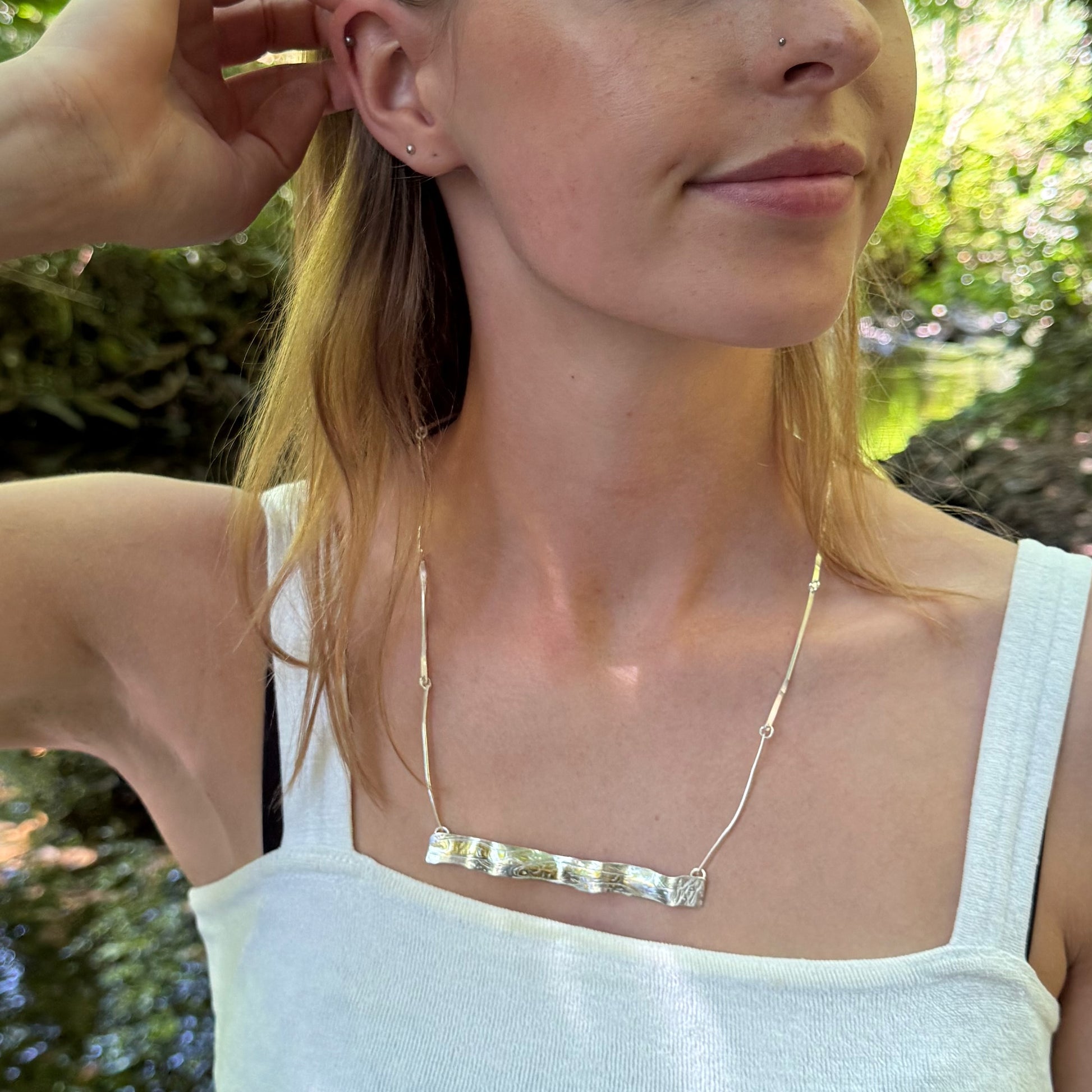 Expanded Skies Dartmoor Minnows Engraved Silver Necklace with 24ct Gold Accents and River Dart Chain