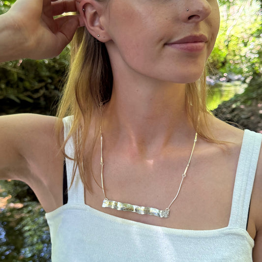 Expanded Skies Dartmoor Minnows Engraved Silver Necklace with 24ct Gold Accents and River Dart Chain