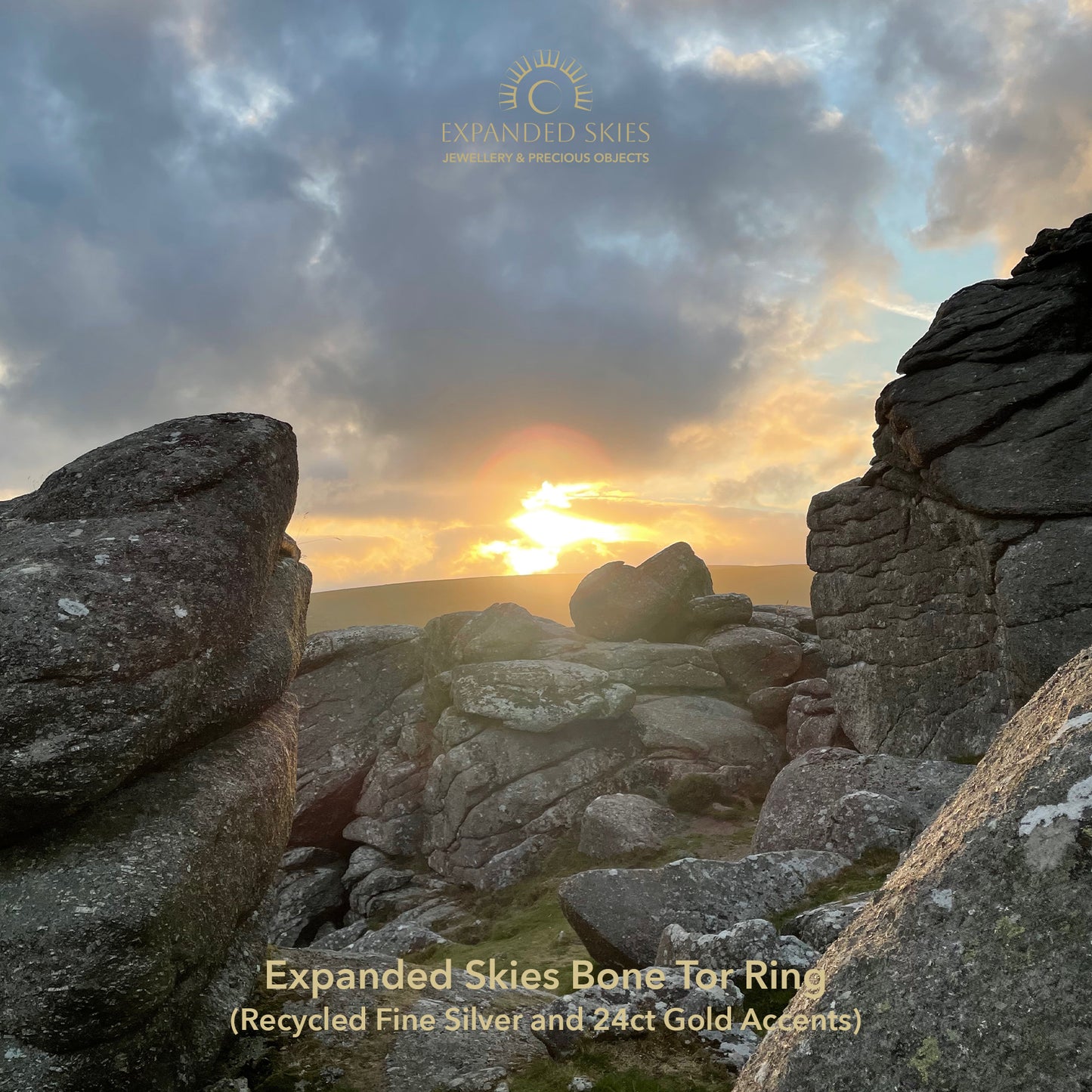Photo of sunset at Bone Tor, Dartmoor, UK near Widdecombe in the Moor. The inspiration for Expanded Skies Bone Tor Ring  with 24ct Gold Accents. Fine silver with 24ct gold accents.
