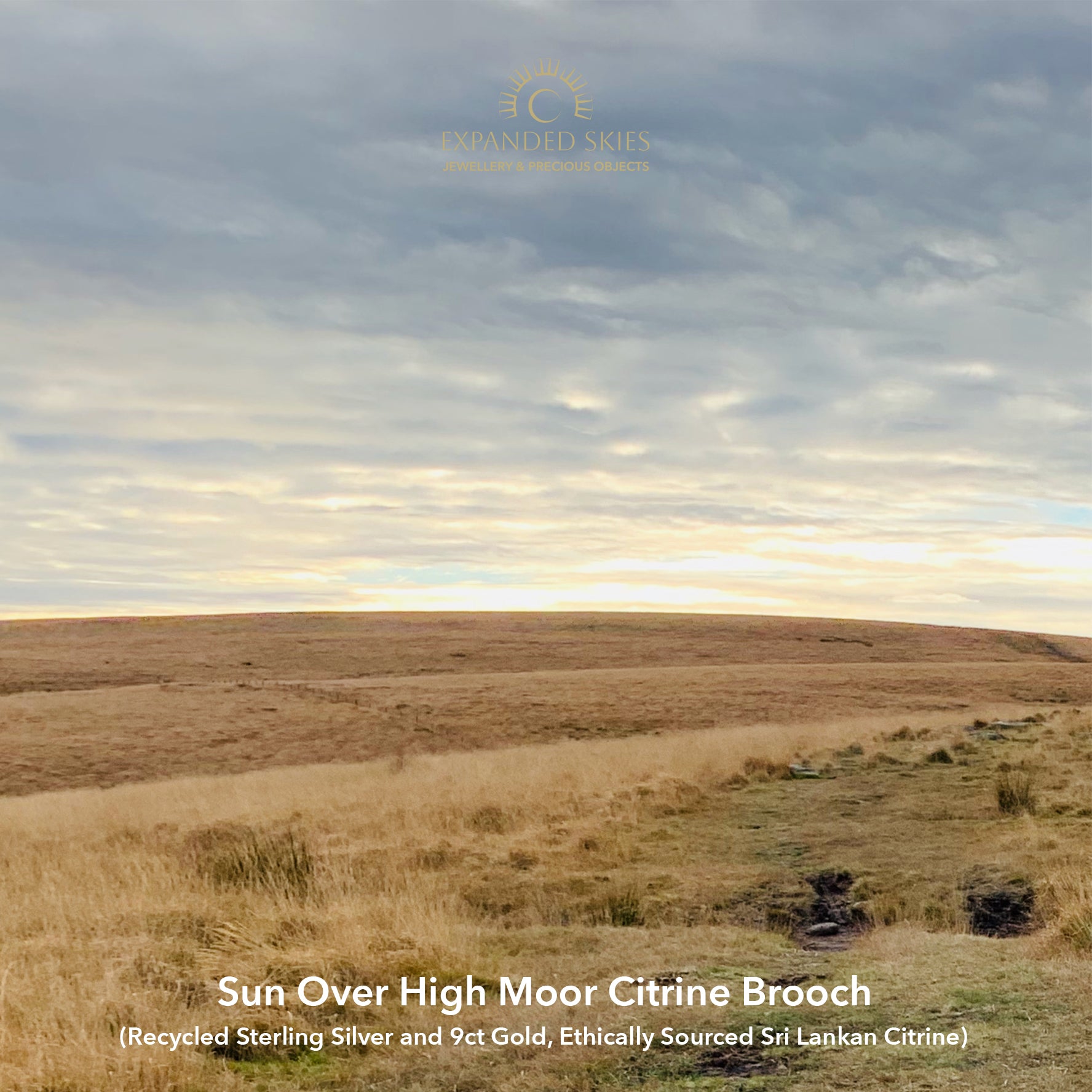 High Dartmoor mid summer, defused golden sun with a cloudy sky and text about a brooch, featuring 'Expanded Skies' brand.