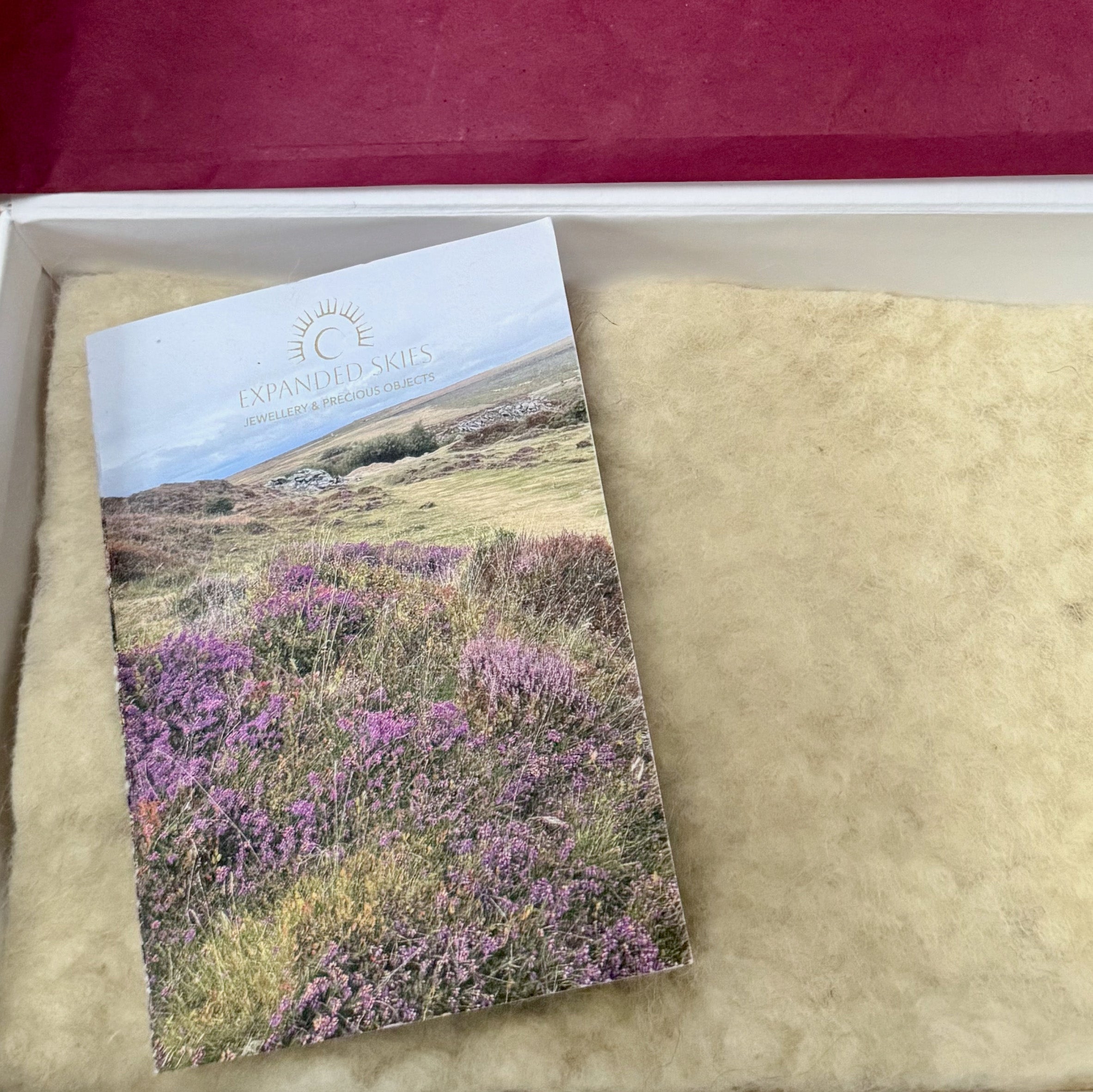 Expanded Skies jewellery packaging with felt from organically reared sheep from Fernhill Farm in Somerset, UK.