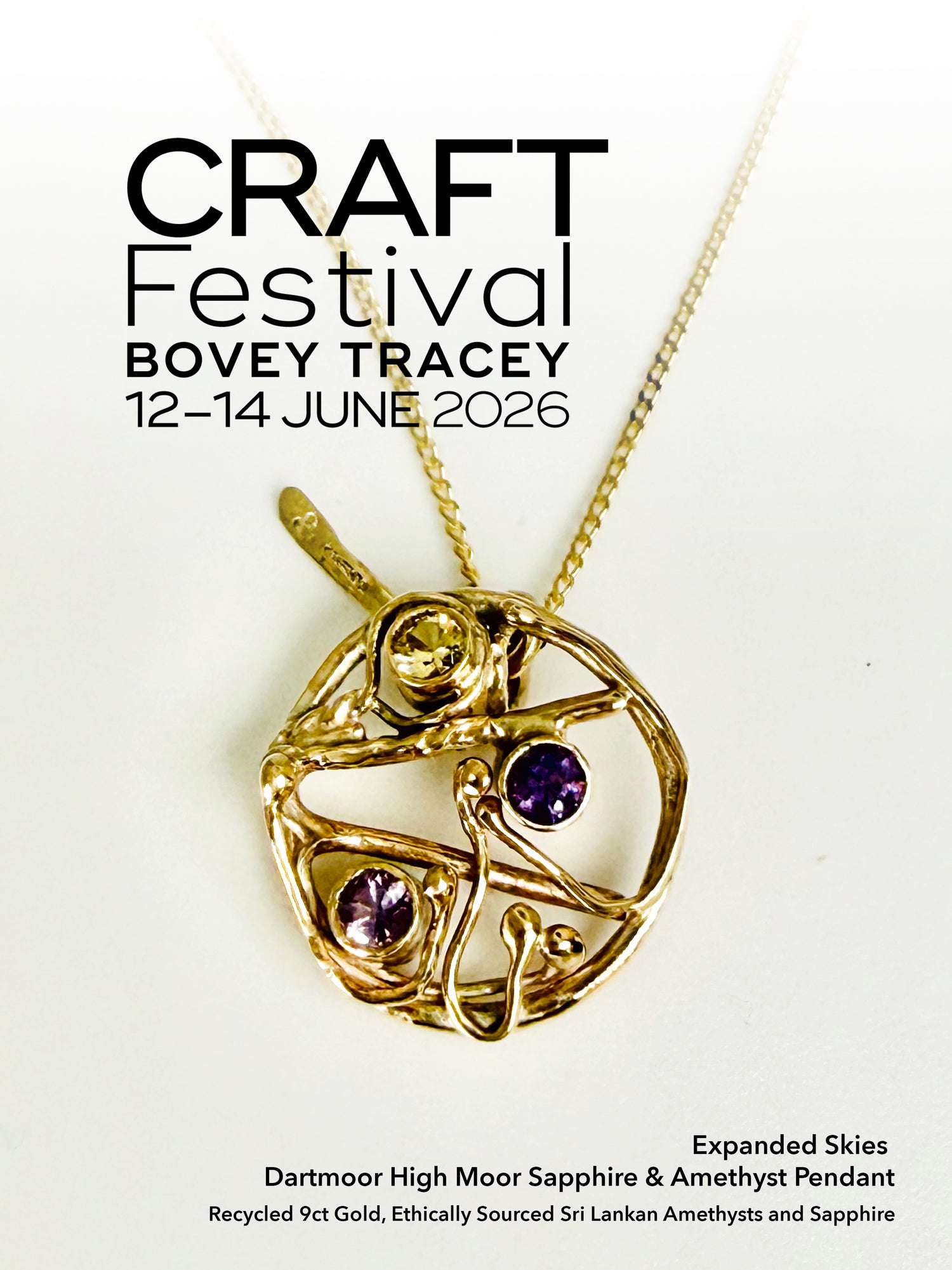 Expanded Skies at Craft Festival Bovey Tracey 2026 - Picture shows Expanded Skies High Moor Heather and Gorse 9ct Gold Pendant with ethically sourced amethysts and yellow sapphire