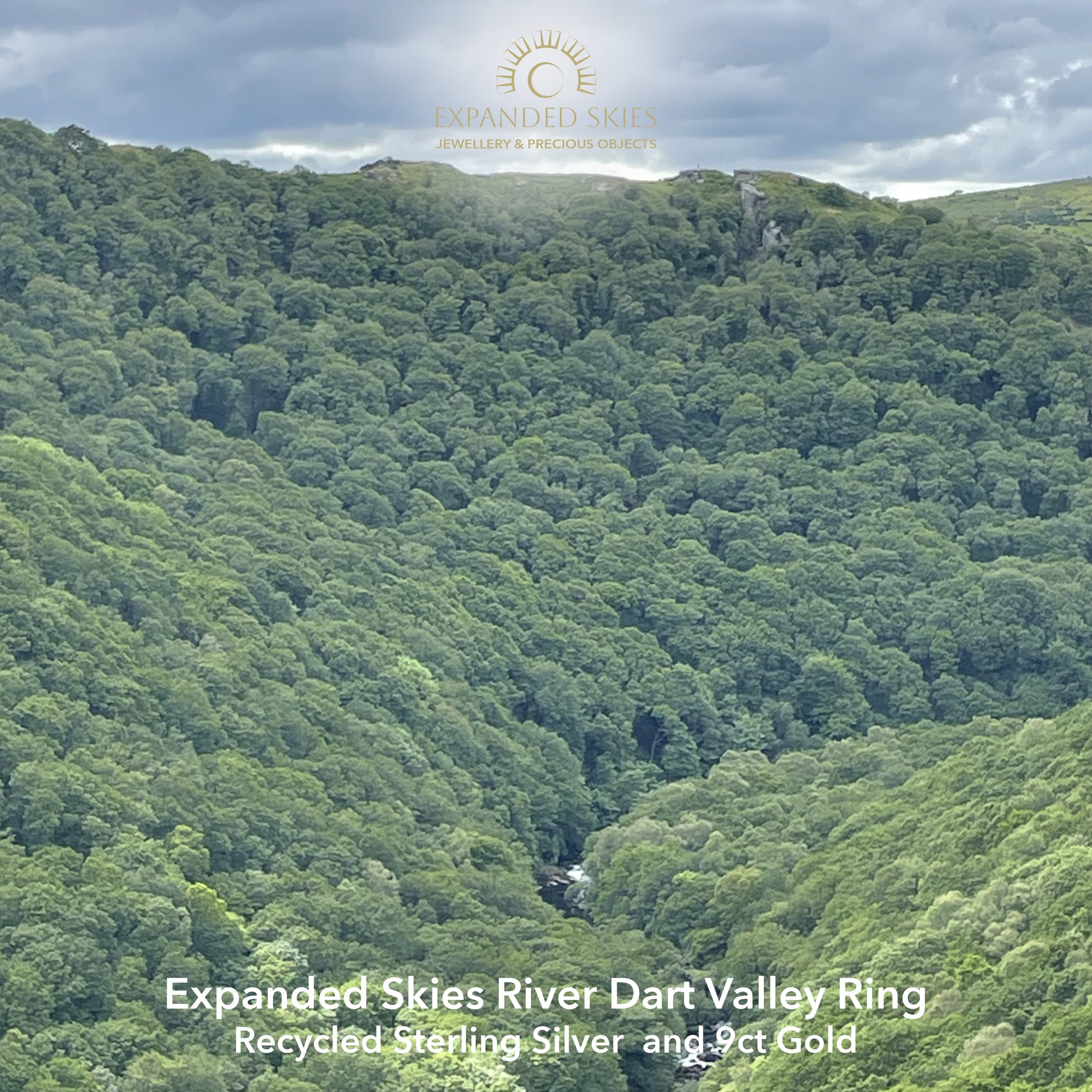  The Dartmoor Dart Valley Hammered Ring, inlaid with 9ct Gold, is inspired by the River Dart, that viewed from high on top of granite moorland, glints and snakes through the steep sides of the deeply wooded valley.  Photo of the Dart Gorge from Doctor Blackall's Drive, Dartmoor, UK