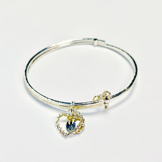 Sapphire Heart Charm Bangle in Sterling Silver & 9ct Gold