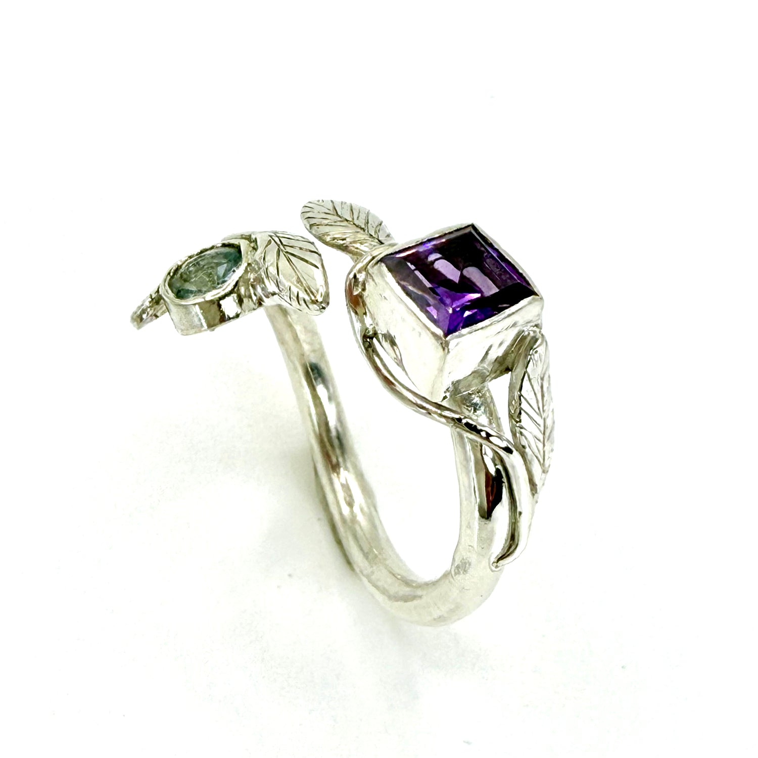 Expanded Skies Bespoke Commission, Honeysuckle Leaf and Tendril Ring, Amethyst and Aquamarine