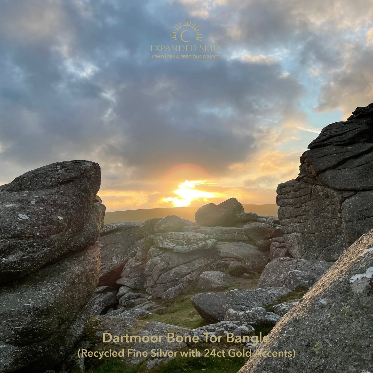 Photo of sunset at Bone Tor, Dartmoor, UK near Widdecombe in the Moor. The inspiration for Expanded Skies Bone Tor Bangle with 24ct Gold Accents. Fine silver with 24ct gold accents.
