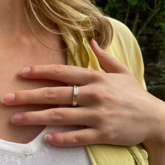 Dartmoor Dart Valley Hammered Ring, inlaid with 9ct Gold, recycled silver and gold. Hallmarked by the London Assay Office